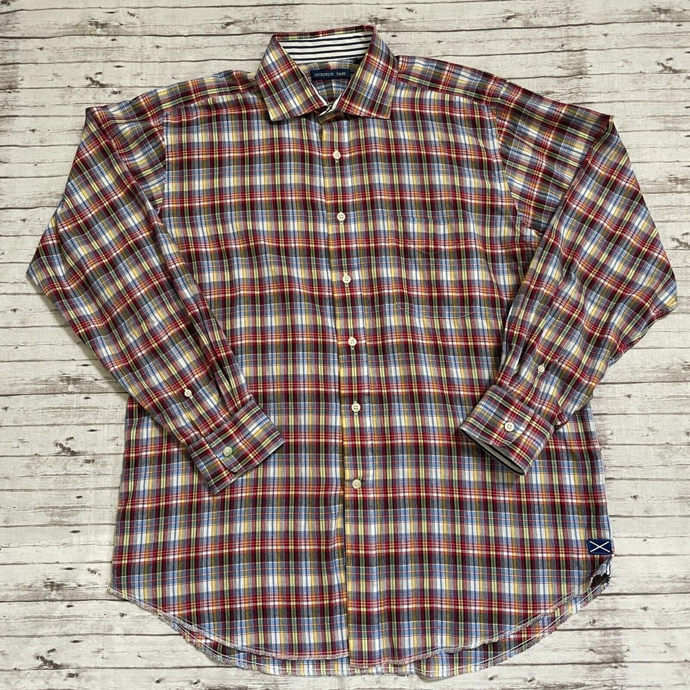 McKenzie Tribe Mens Plaid Button Down Long Sleeve Shirt Size  Large/ L Red Blue
